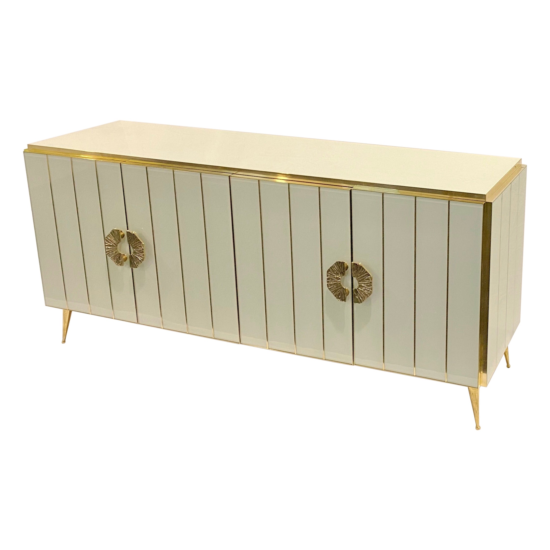 Customizable Italian Art Deco Style Ivory White Glass Brass Modern Cabinet