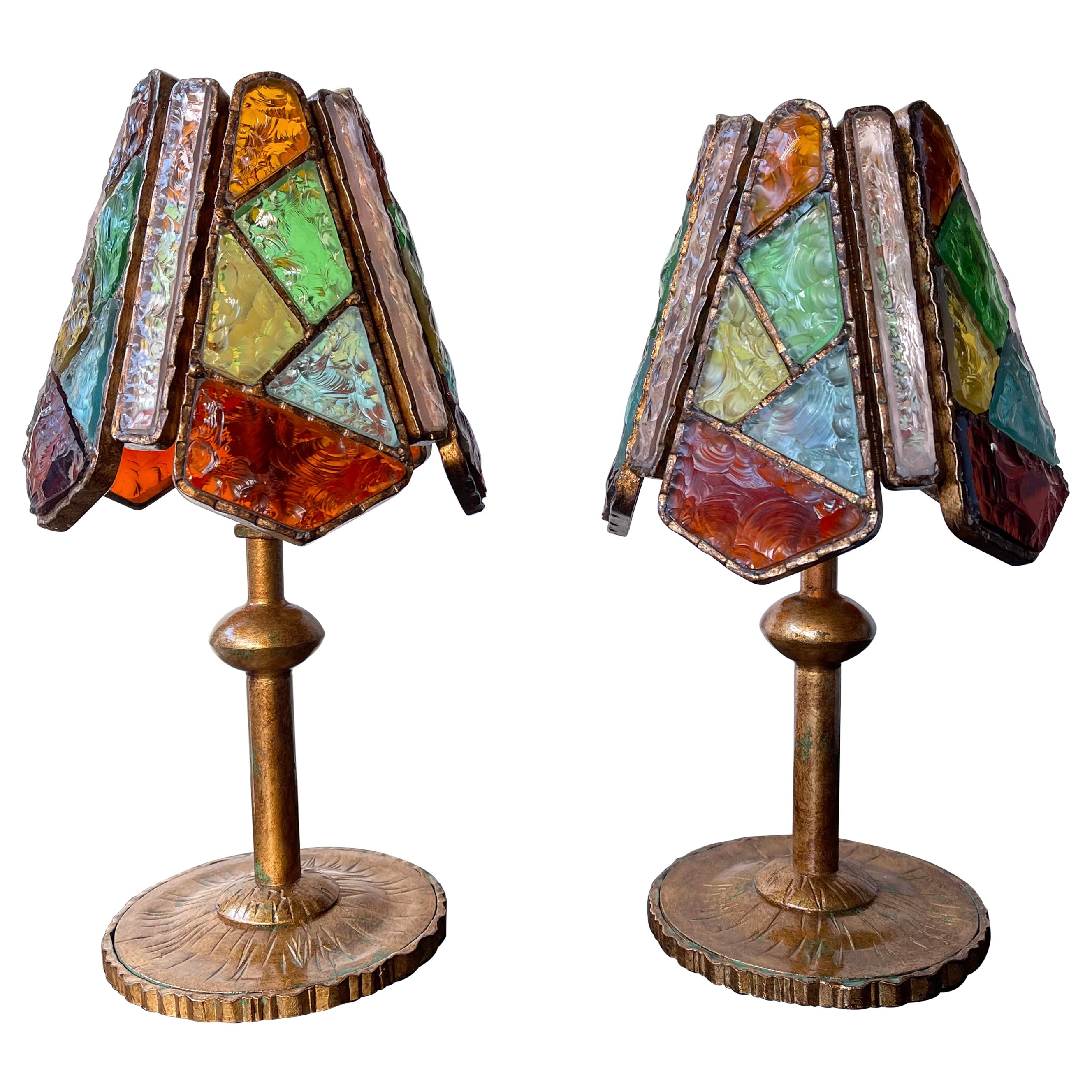 Pair of Hammered Glass Wrought Iron Lamps by Longobard, Italy, 1970s For Sale