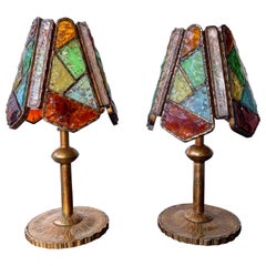 Vintage Pair of Hammered Glass Wrought Iron Lamps by Longobard, Italy, 1970s