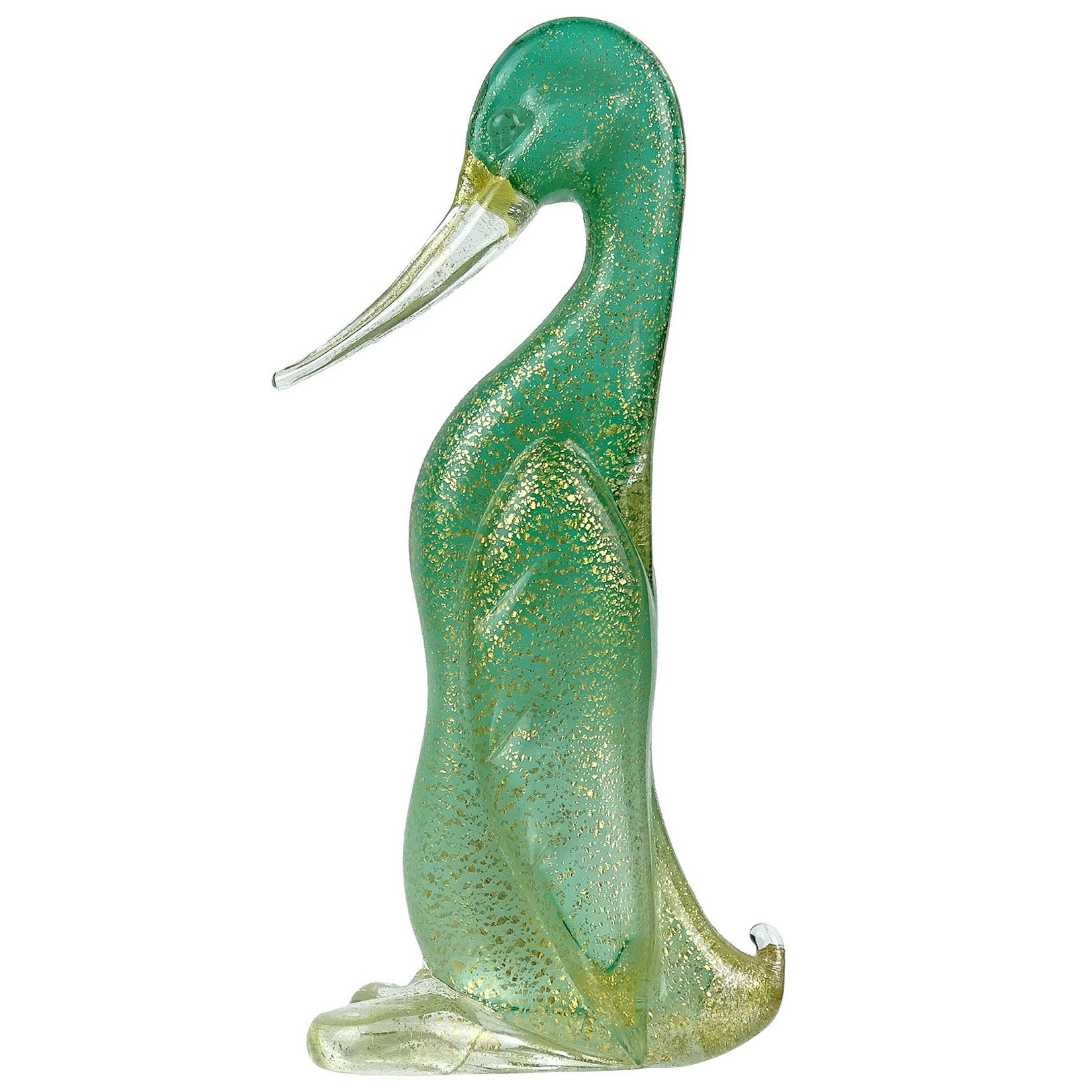 Seguso Murano Green Gold Flecks Italian Art Glass Standing Duck Bird Figurine