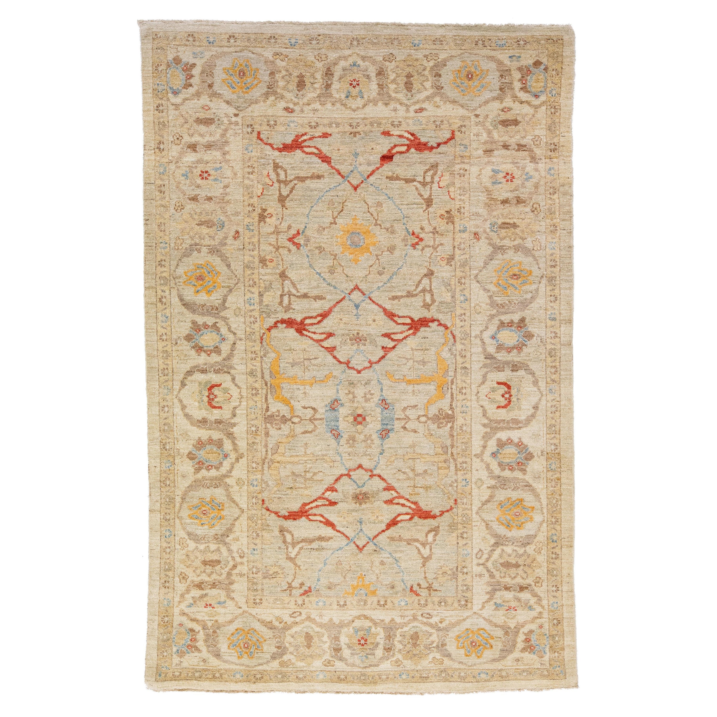 Modern Sultanabad Beige Handmade Designed Wool Rug