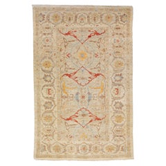 Modern Sultanabad Beige Handmade Designed Wool Rug