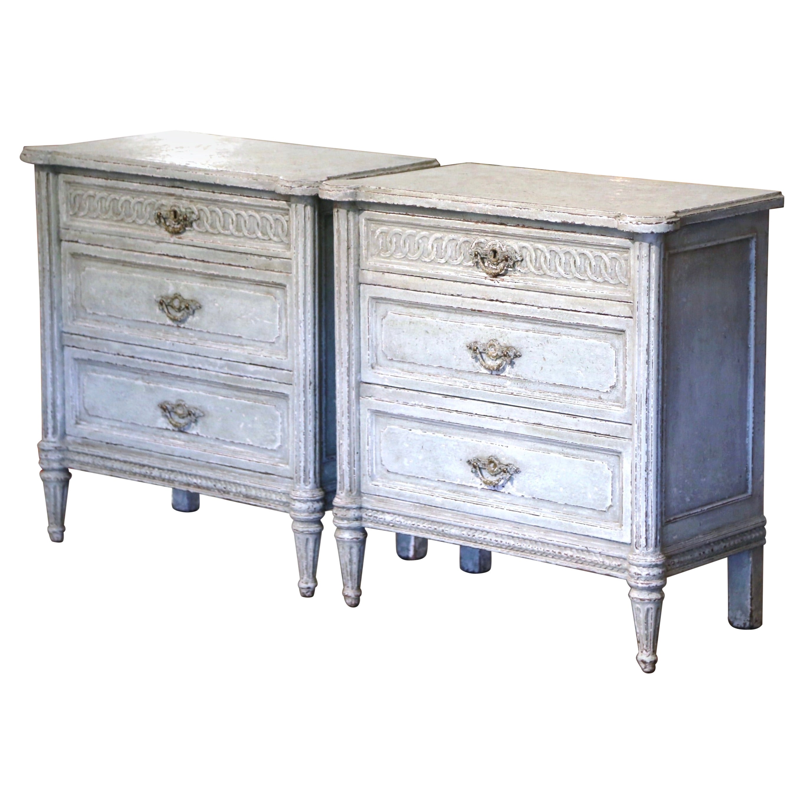 Pair 19th Century French Louis XVI Carved Painted Nightstands Chests of Drawers