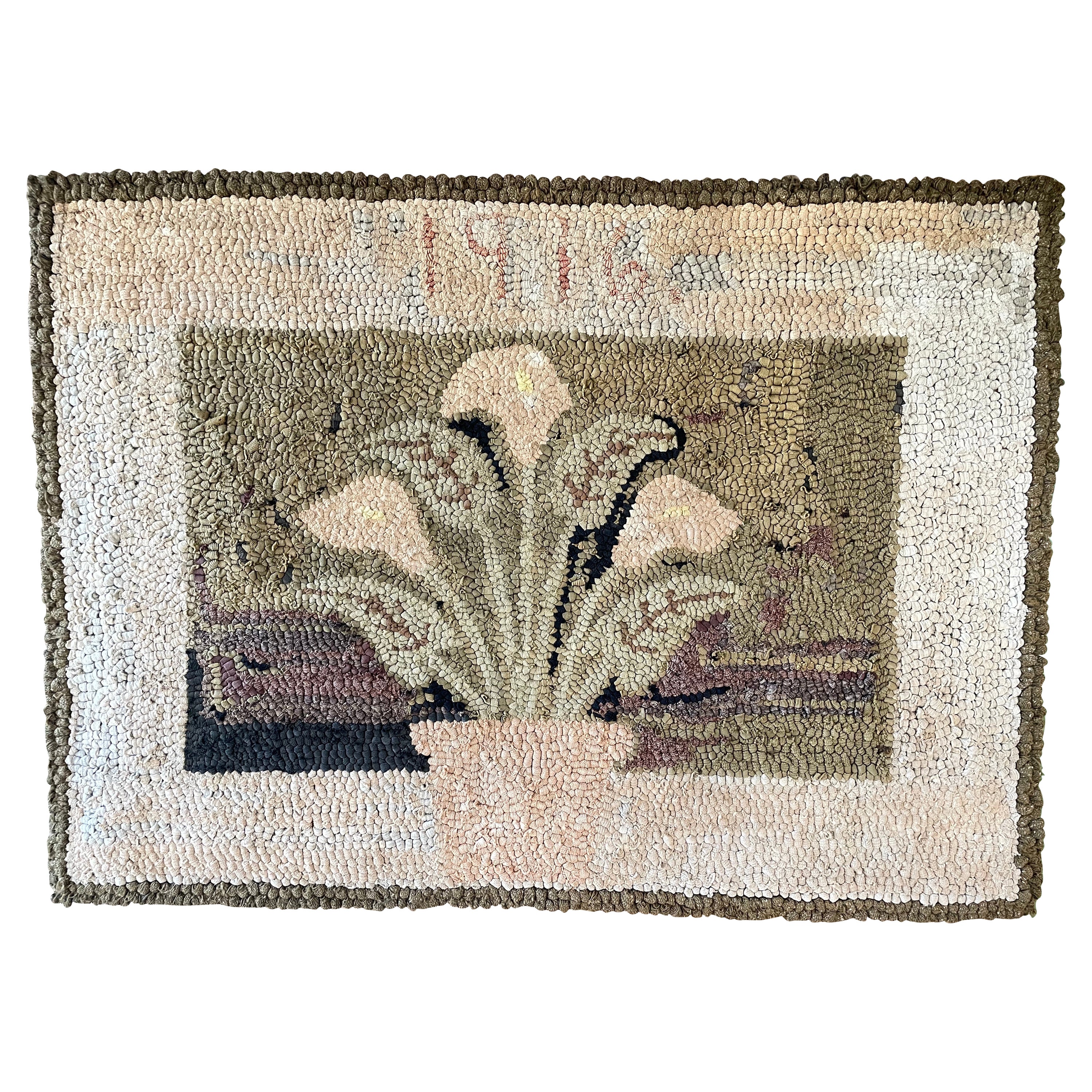 Early 20th Century Hooked Rug Wallhanging of Peace Lilies Dated 1916
