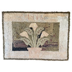 Antique Early 20th Century Hooked Rug Wallhanging of Peace Lilies Dated 1916