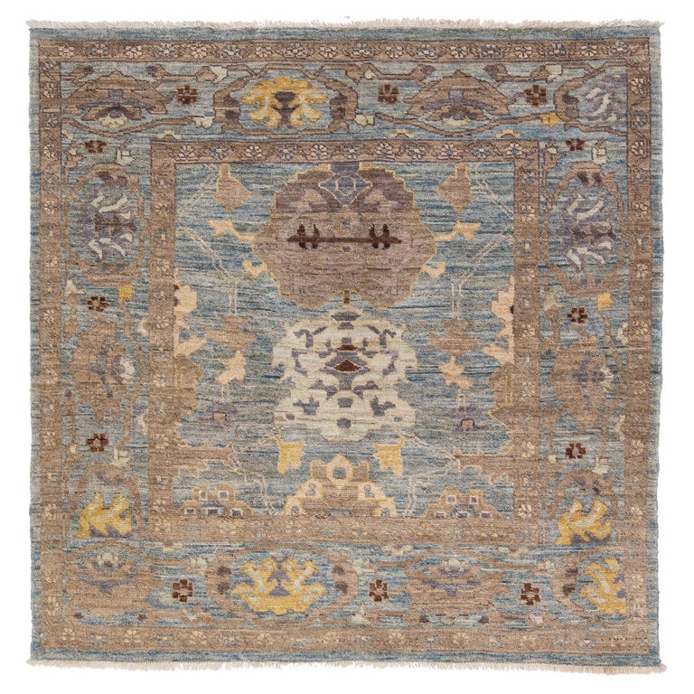 Square Modern Sultanabad Handmade Blue Wool Rug with Allover Design For