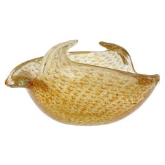 Vintage Murano Orange Gold Leaf Bubbles Italian Art Glass Basket Shape Bowl Jewelry Dish