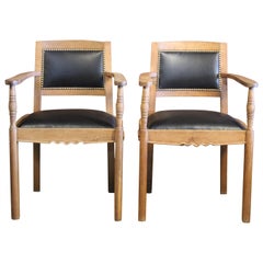 Pair of Oak & Leather Armchairs Attributed to Charles Dudoyt, France, 1940s