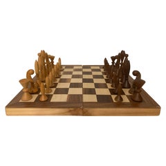 Retro ANRI Space Age Chess Set Designed by Elliott, Walnut, Maple 1950 Italy, No Board