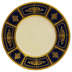 Set 12 Tiffany Cobalt & Raised Gilt Encrusted Dinner Plates, Vintage C. 1950's