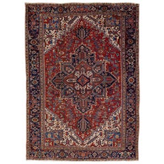 Antique Heriz Red Handmade Persian Wool Rug with Multicolor Medallion Design
