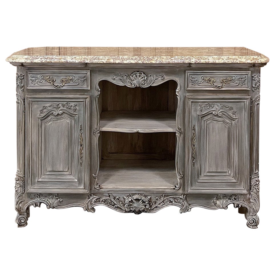 Buffet ancien français Louis XIV en bois fruitier lavé gris avec dessus en marbre