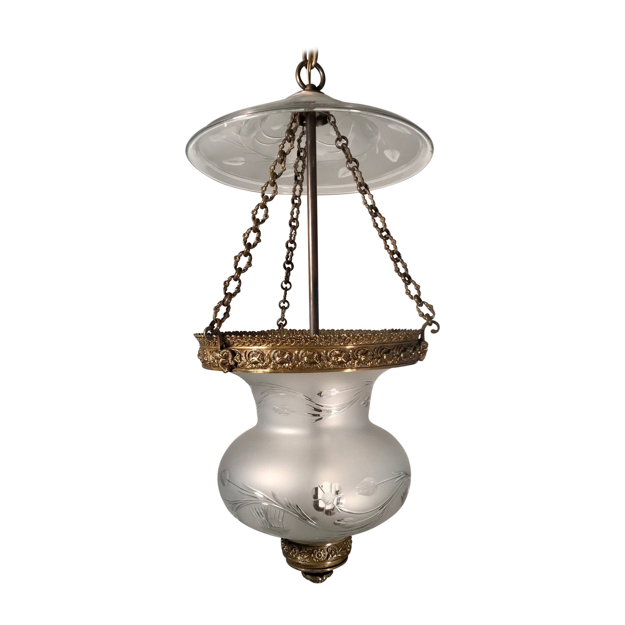 Bronze Mounted, Frosted  and Hand Cut Bell Jar Lantern