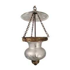 Antique Bronze Mounted, Frosted  and Hand Cut Bell Jar Lantern 