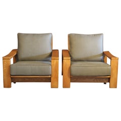 Pair of French Elm Wood Lounge Chairs, 1970s