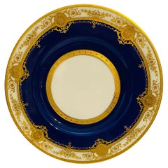 12 Dinner Plates Antique Minton Cobalt Blue Raised Gilt Medallion Swag C. 1910