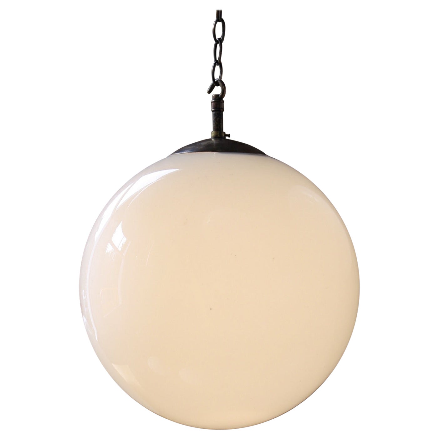 Ex RAF Mid 20th C Extra Large Brass & Opaline Globe Pendants Lights 9 Available