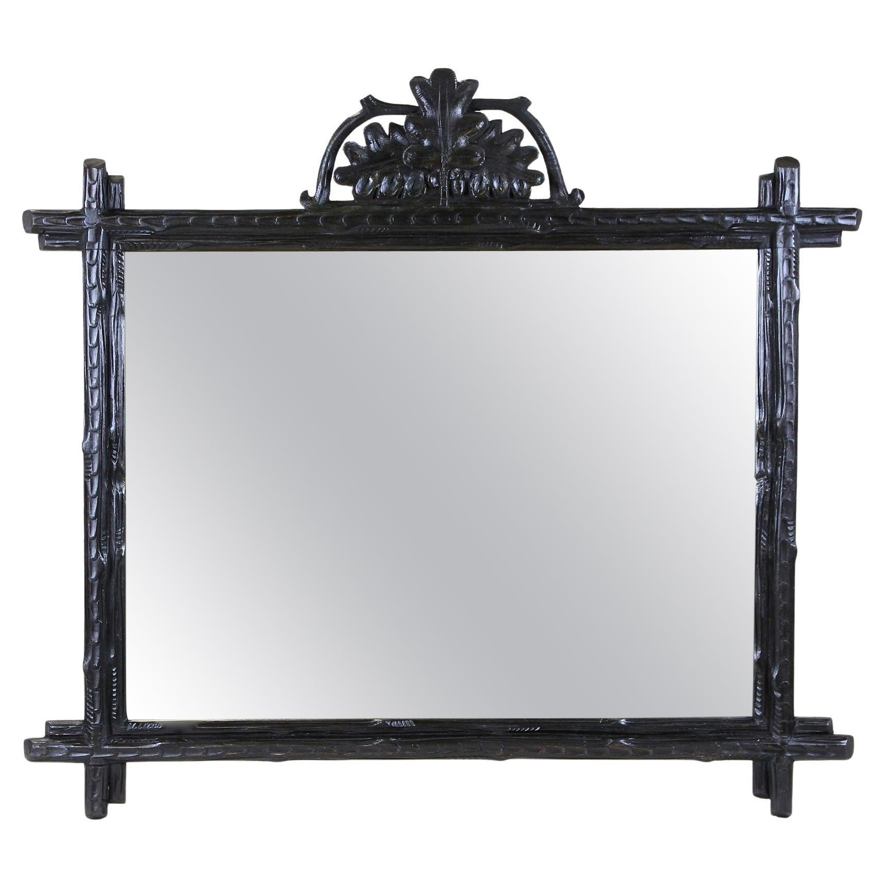 Black Forest Rustic Wall Mirror with Carved Oak Leaves, Austria, circa 1870