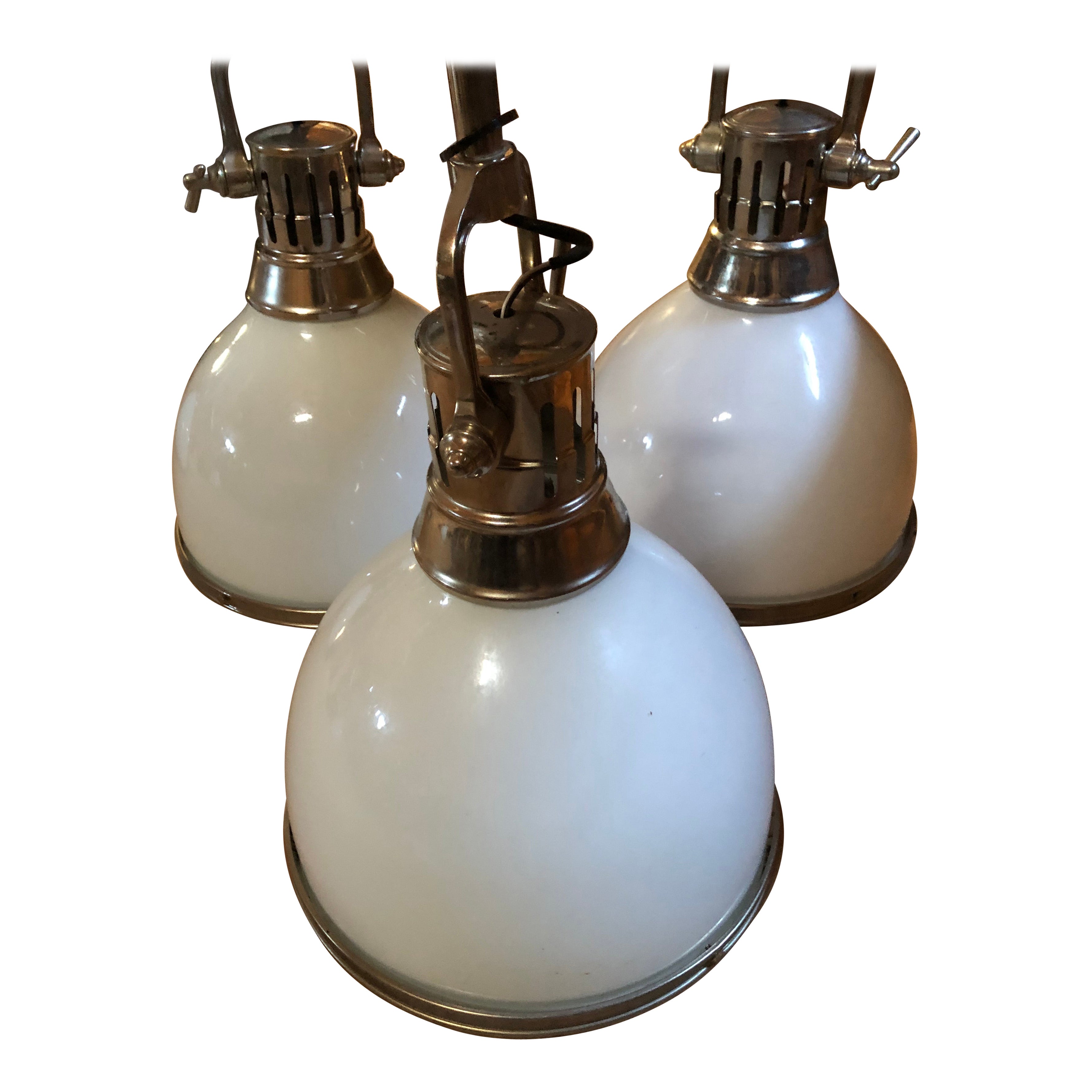 Cool Set of 3 Large Chrome and White Opaque Glass Industrial Pendants For Sale