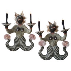 Pair of Curios Mythical Merman Shellwork Grotto Grotesques Wall Sconces Lights