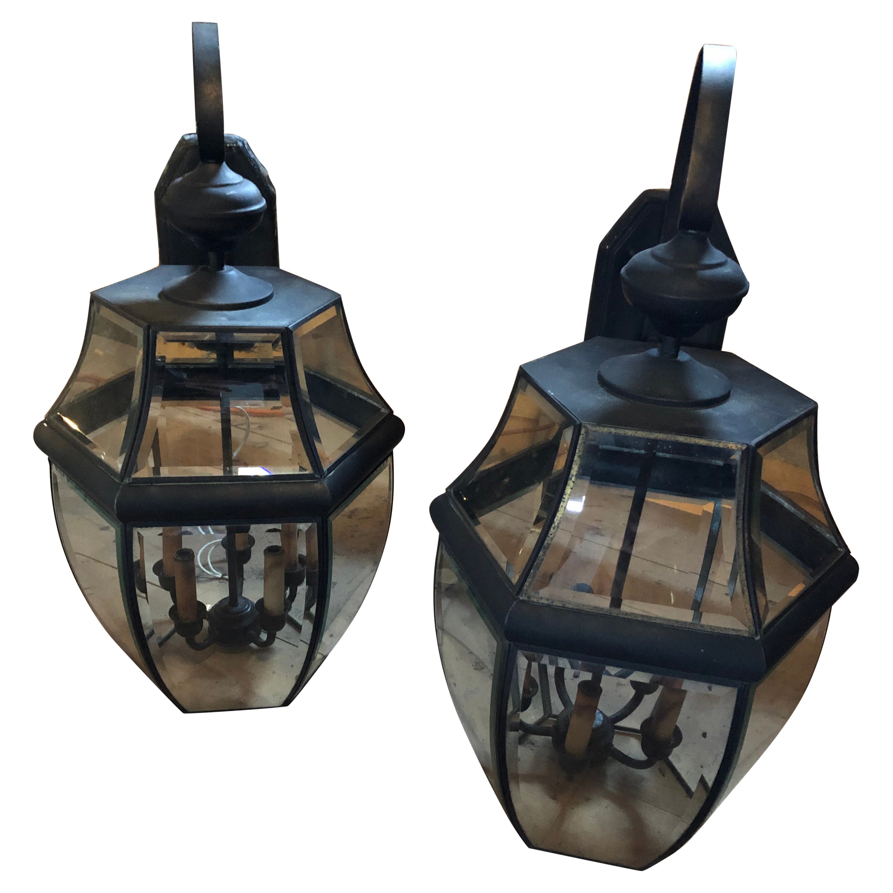 Impressive Pair of Large Metal & Beveled Glass Wall Mounted Lanterns For Sale