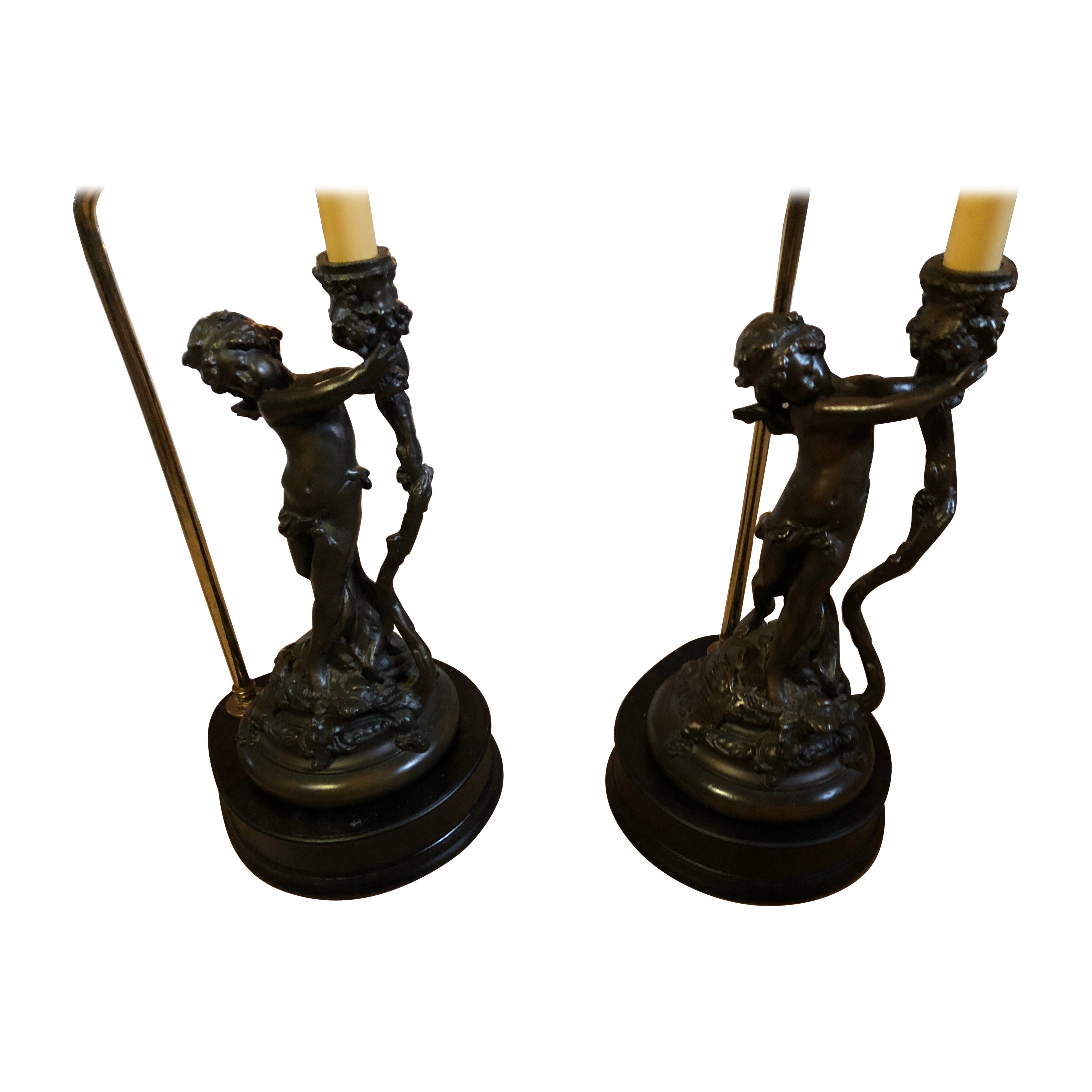 Whimsical Pair of Bronze Finish Cherub Table Lamps For Sale