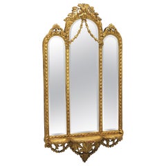 Retro Late 20th Century French Rococo Gold Gilt Triptych Wall Mirror w/ Shelf