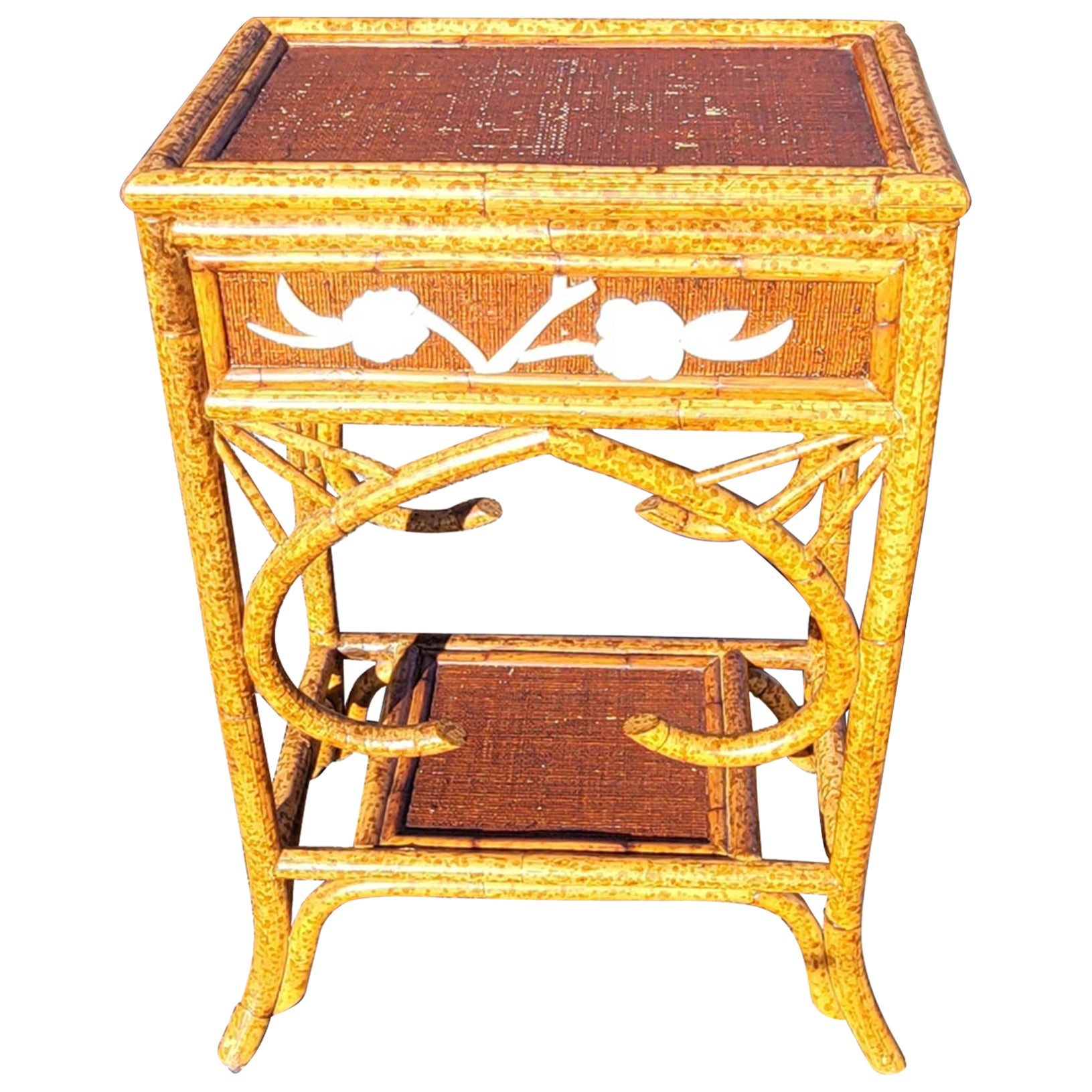 Mother-of-Pearl Decorated Rattan Flip Top Side Table Cabinet For Sale