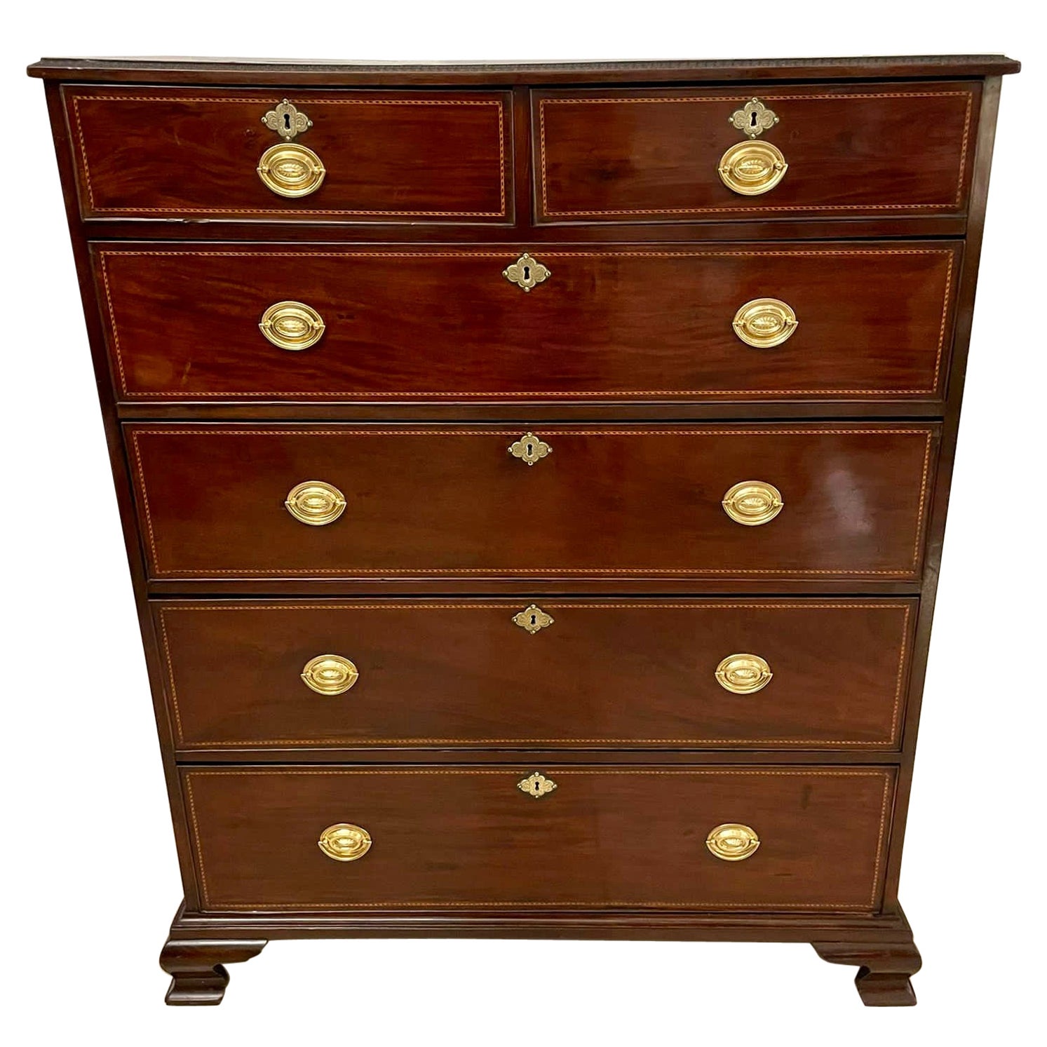 Antique George III Quality Figured Mahogany Inlaid Chest of 6 Drawers For Sale