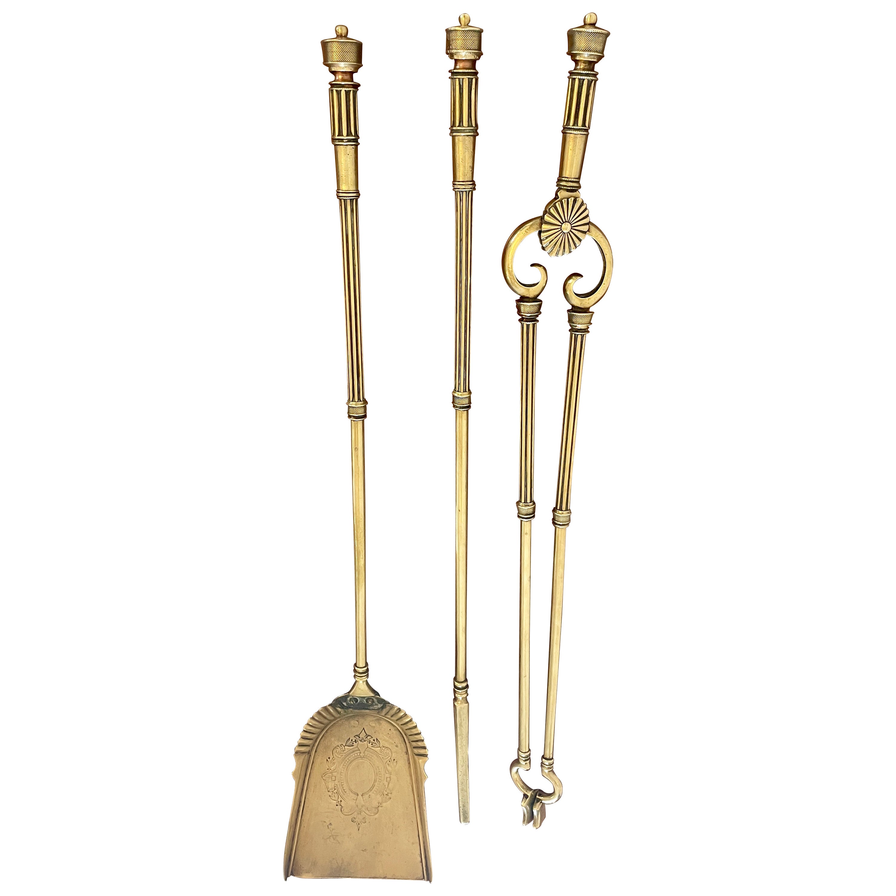 Set of Antique George III Quality Brass Fire Irons For Sale