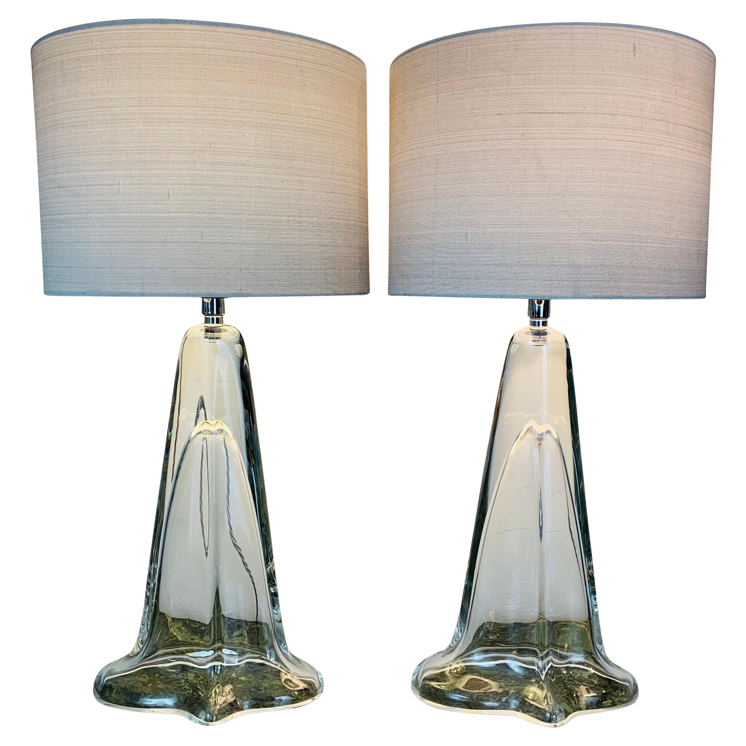 Pair of 1970s Belgium Clear Glass Tapered Oval Table Lamps with Chrome Fittings