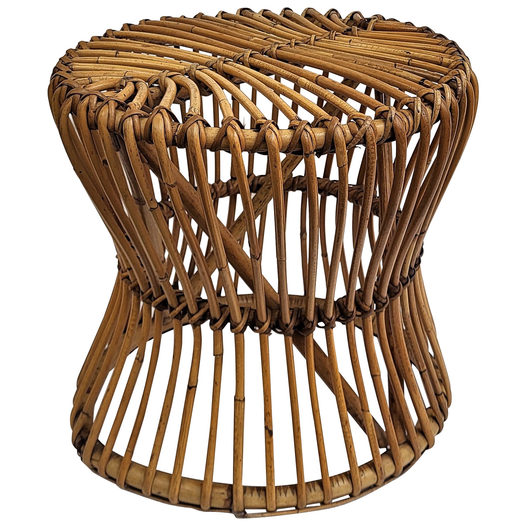 Tabouret design italien des années 1960 en bambou et rotin Bohème Côte d'Azur