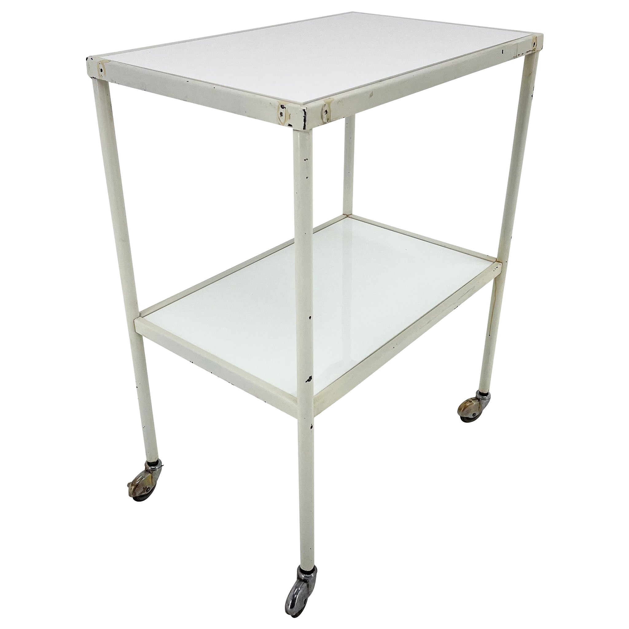 1950's Hospital Table / Trolley on Wheels with Opaxite Glass For Sale