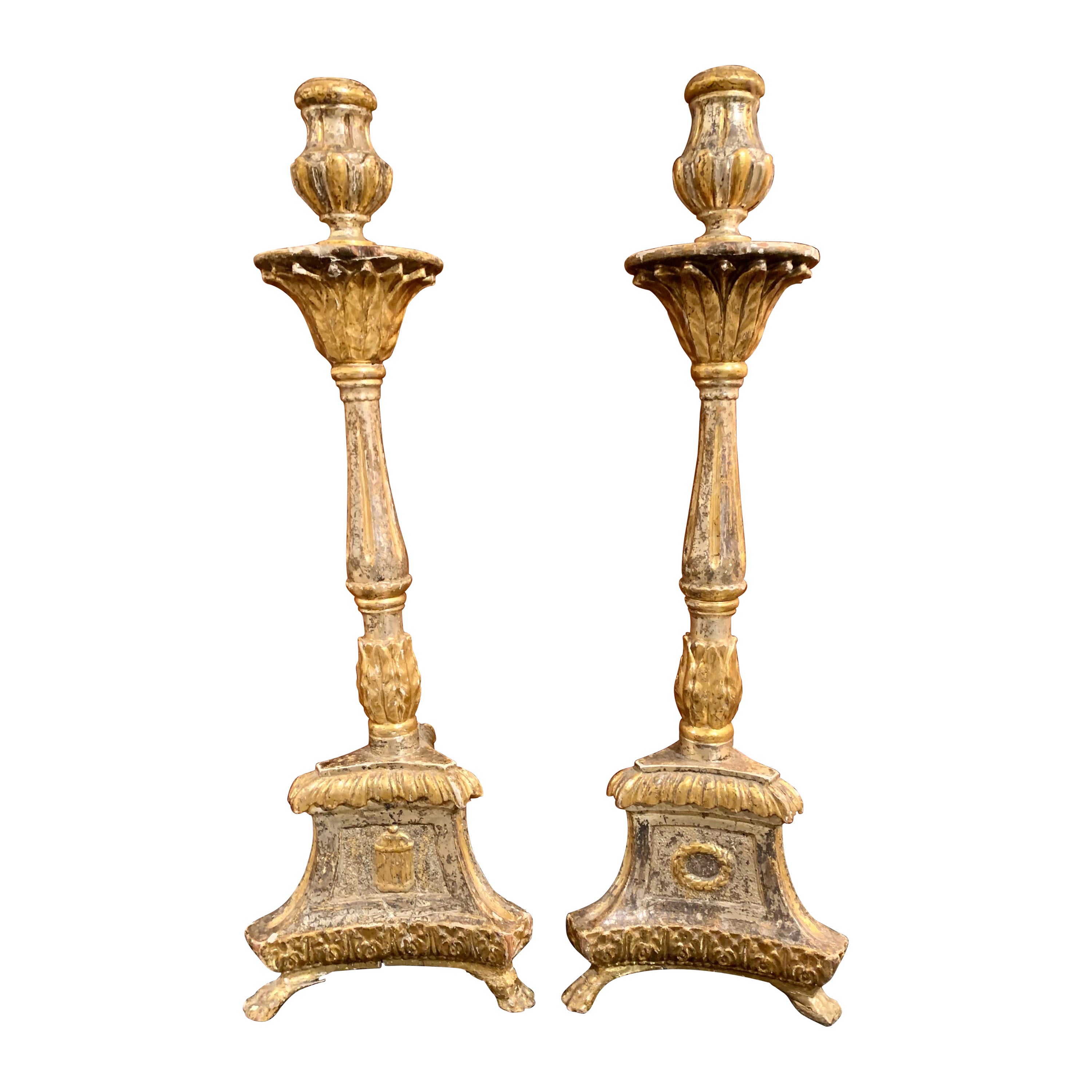 Paar antike spanische geschnitzte Fackeln aus Gitterholz