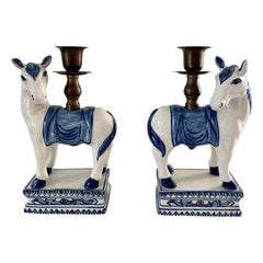 Vintage Mid-20th Century Italian Blue and White Porcelain Horse Candle Holders, Pair