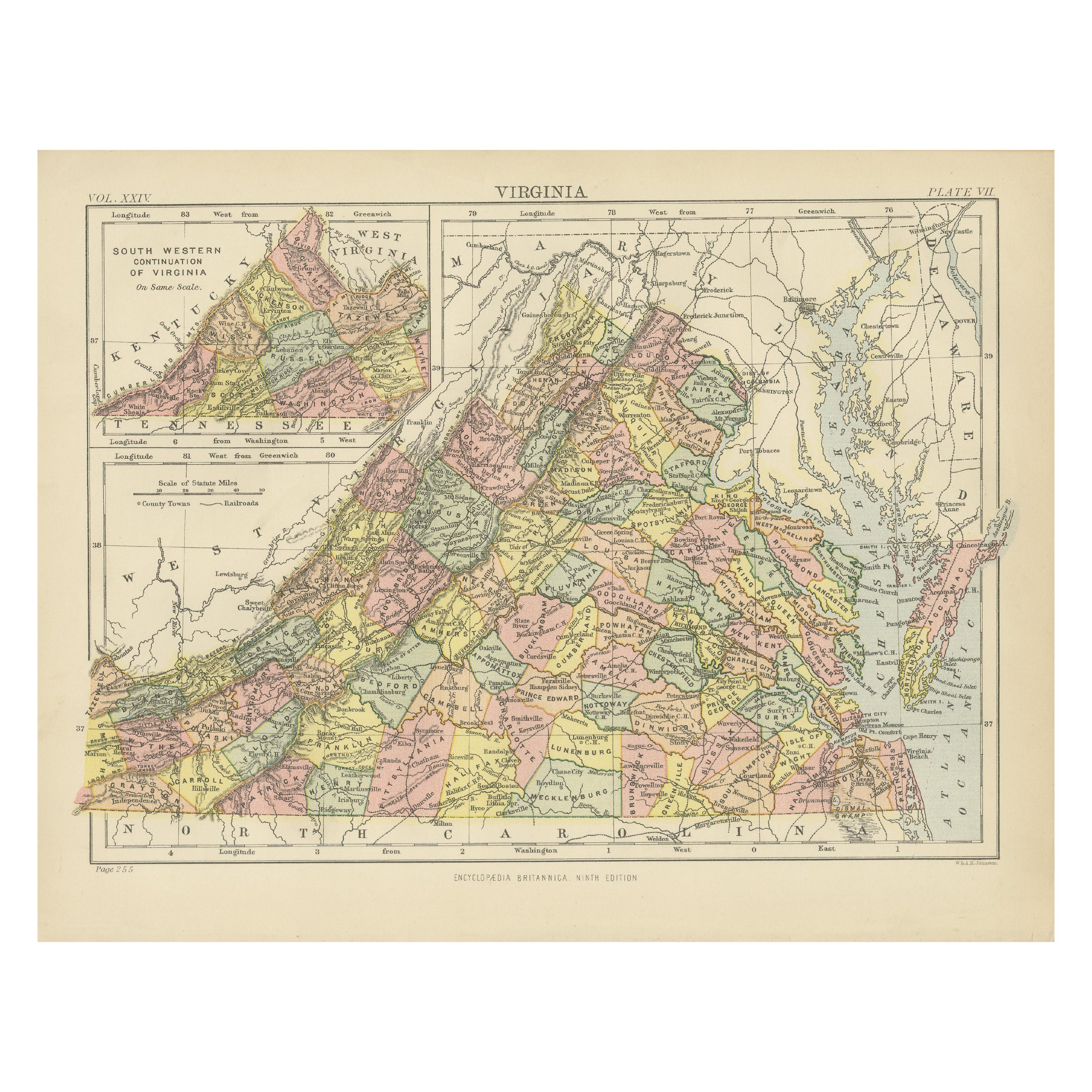 Antique Map of Virginia, with Inset Map of the South Western Continuation For Sale