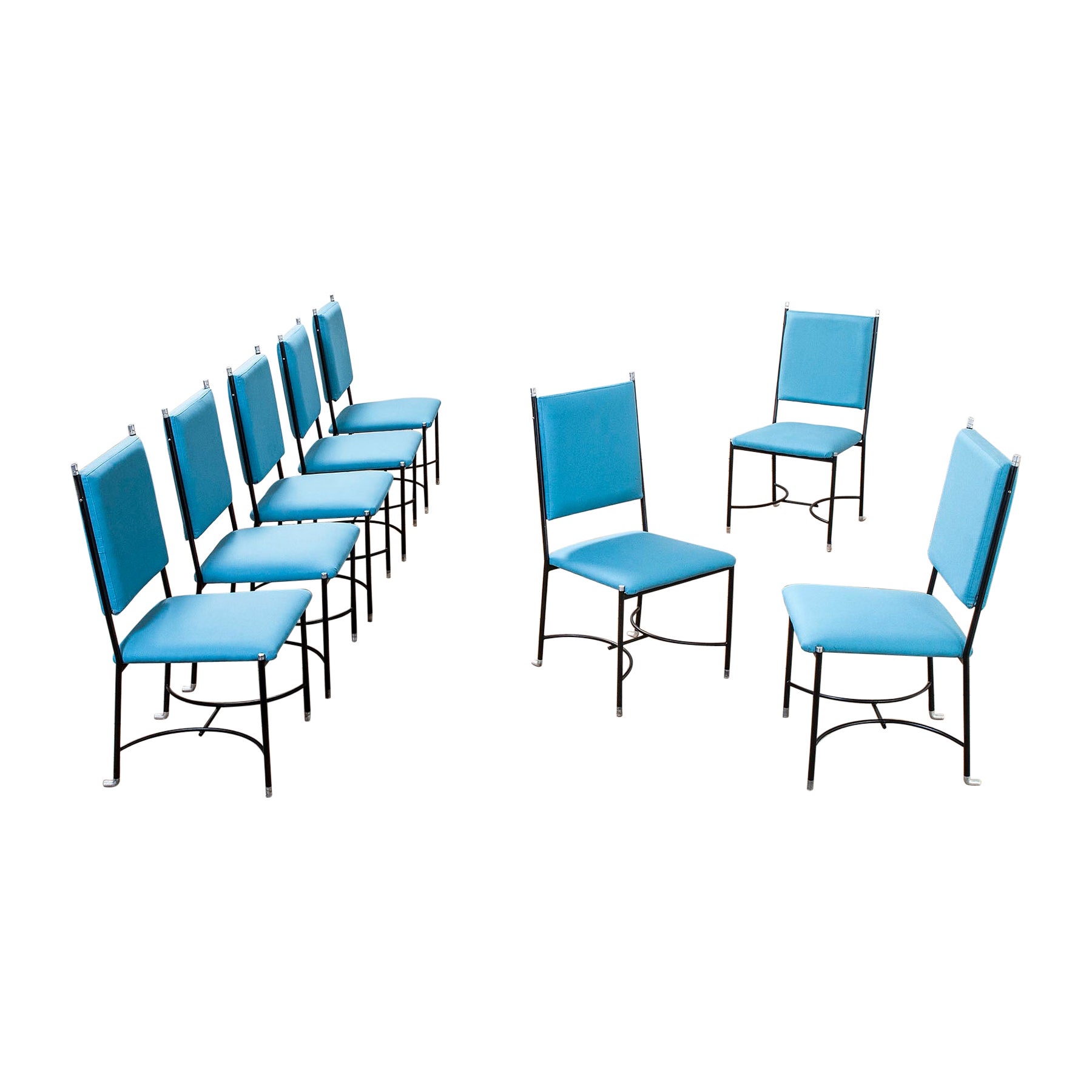 20th Century Set of 8 Chairs with Metal and Blue upholstery by A. Bertrand '50s For Sale