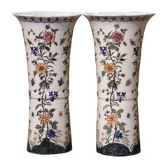 Pair of 19th Century French Hand Painted Faience Trumpet Vases from Provence