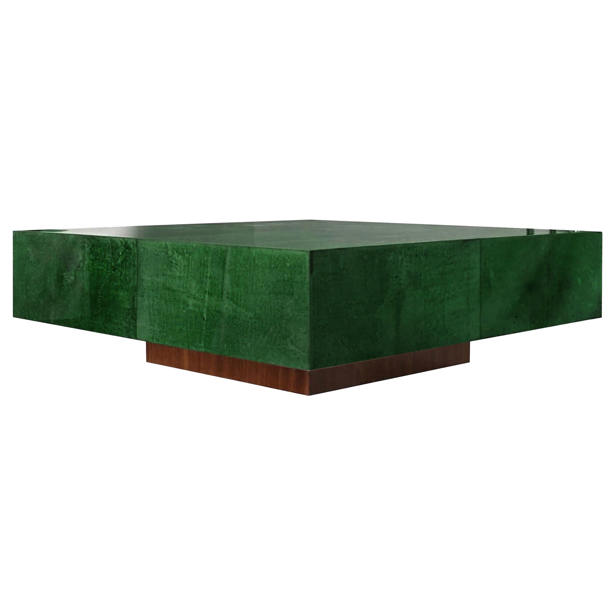 Italian Coffee Table in Parchment Goatskin Leather in Emerald Green For Sale
