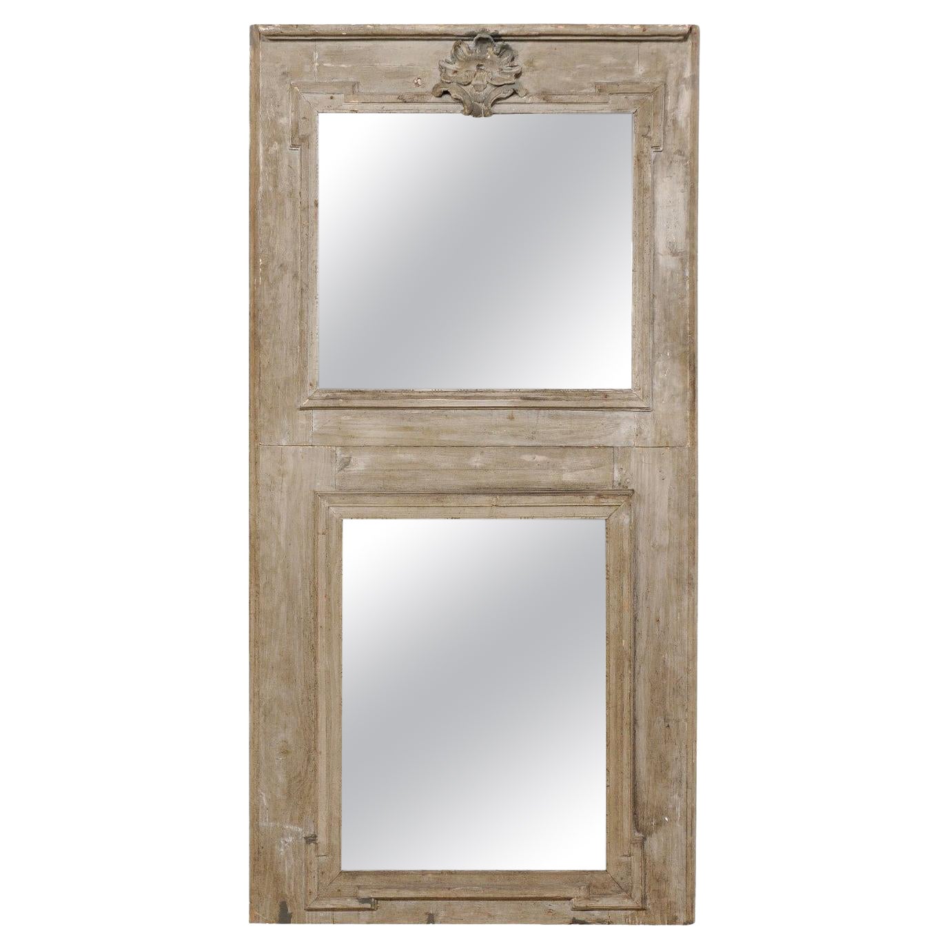 French Trumeau Mirror with its Original Grey Finish & Mirrors, 19th Century