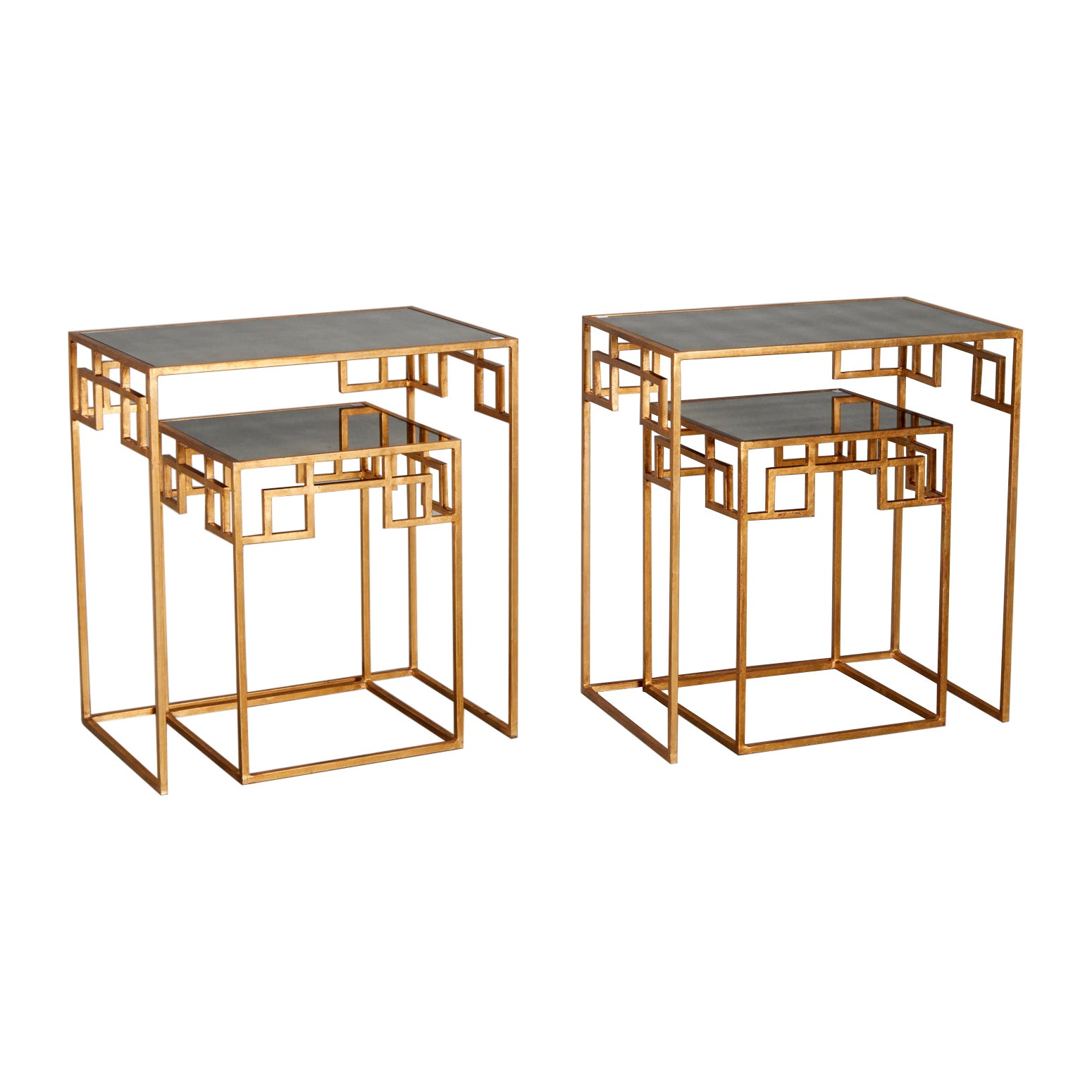 Pair Contemporary Gilt and Mirrored Glass Nesting Tables with Greek Key Design