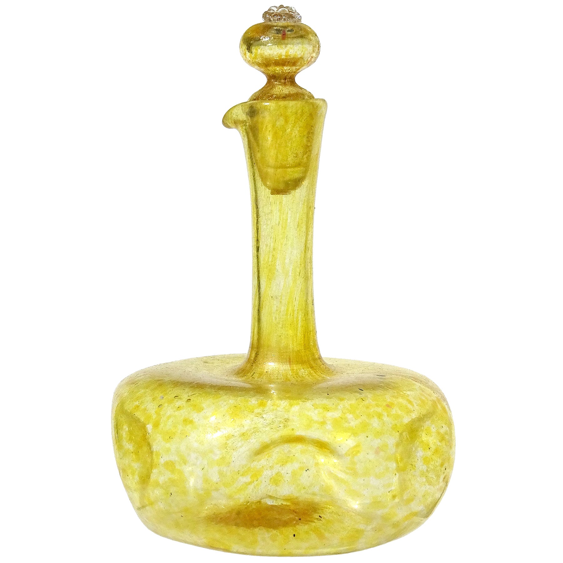 Venetian Antique Murano Yellow Gold Fleck Italian Art Glass Dimple Squared Cruet For Sale