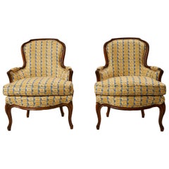 Pair of Louis XVI Style Antique Bergeres with Schumacher Fabric, France