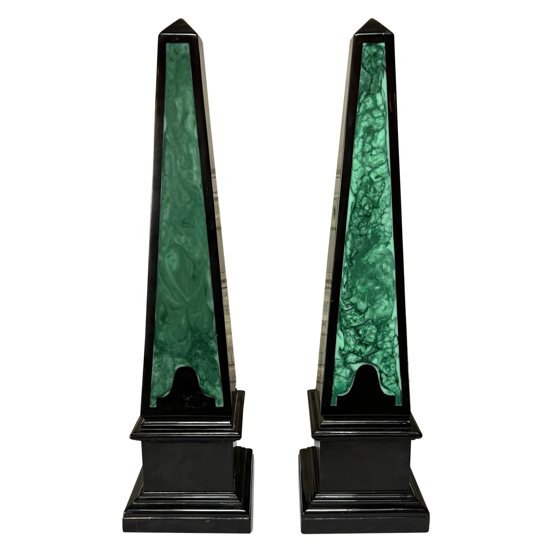 Pair of Obelisk With a Black and Faux Malachite Lacquered Finish For Sale