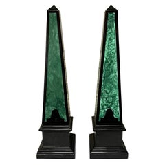 Pair of Obelisk With a Black and Faux Malachite Lacquered Finish