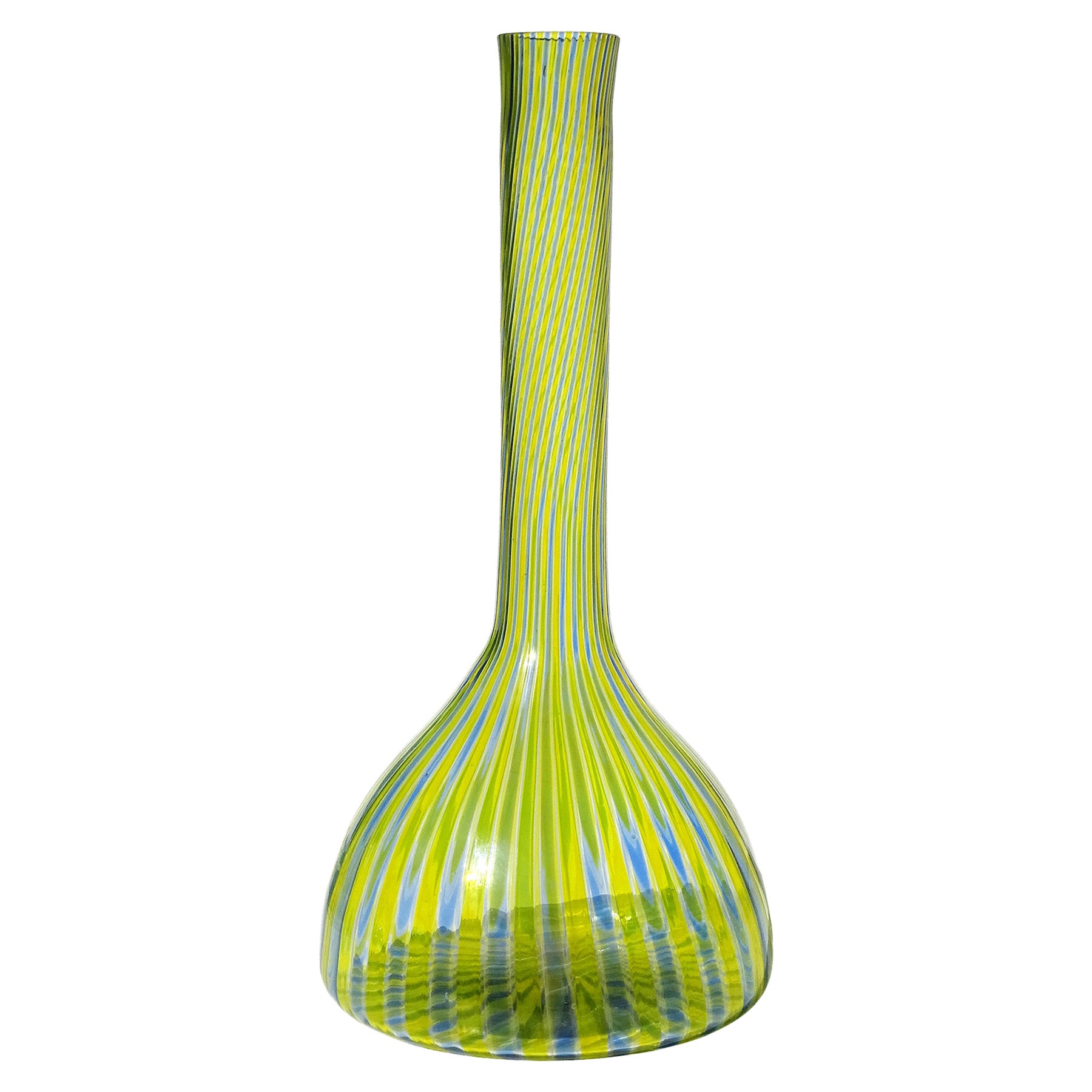 Italienische Murano-Kunstglasflaschenvase mit gelben und blauen Schilfrohrbändern von Fratelli Toso