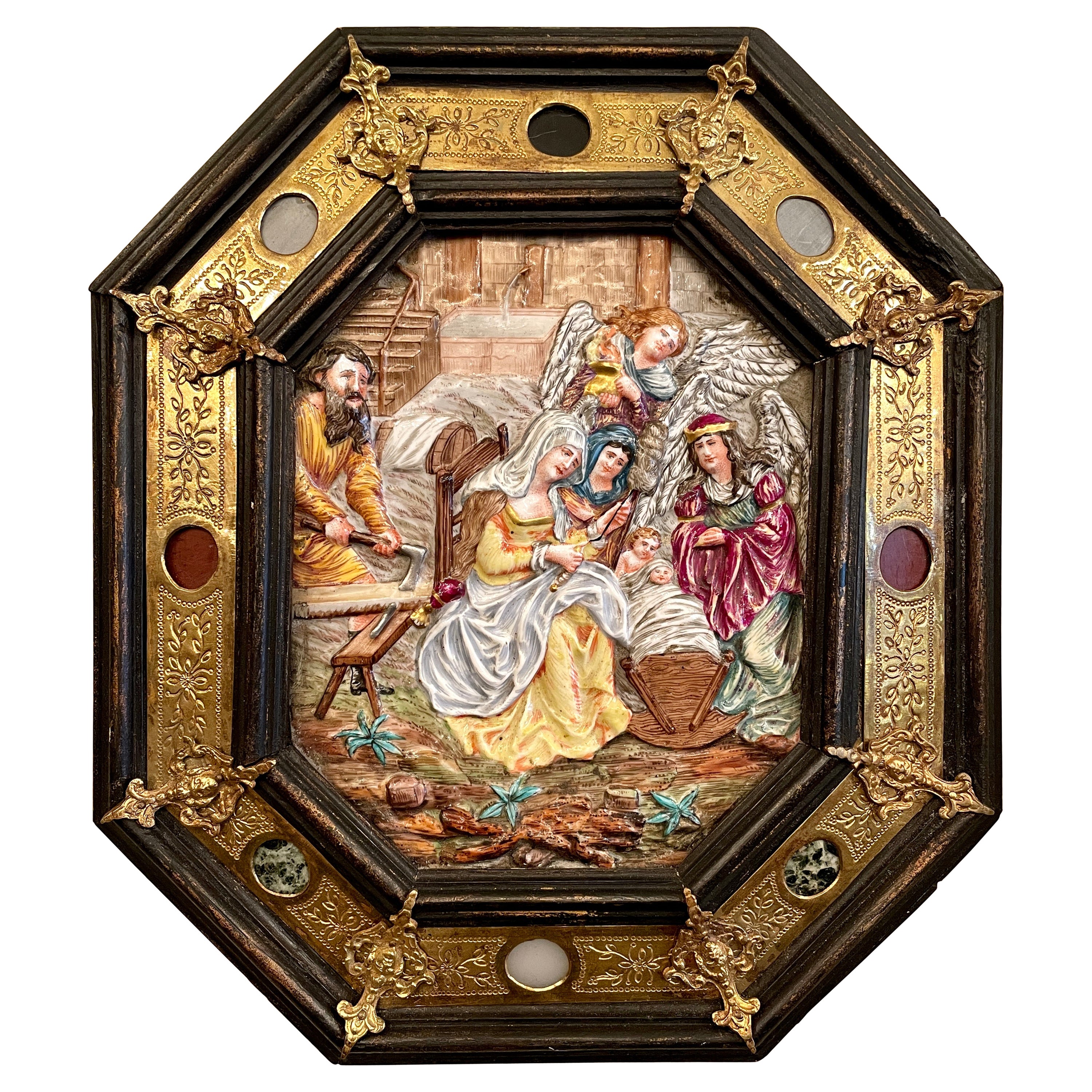 Antique Capo di Monte Porcelain Plaque "Adoration of Christ" in Original Frame