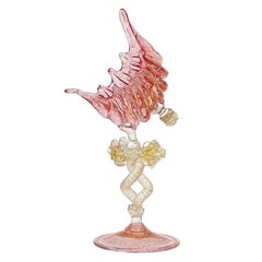 Antique Venetian Murano Pink Gold Leaf Italian Art Glass Twist Stem Shell Holder