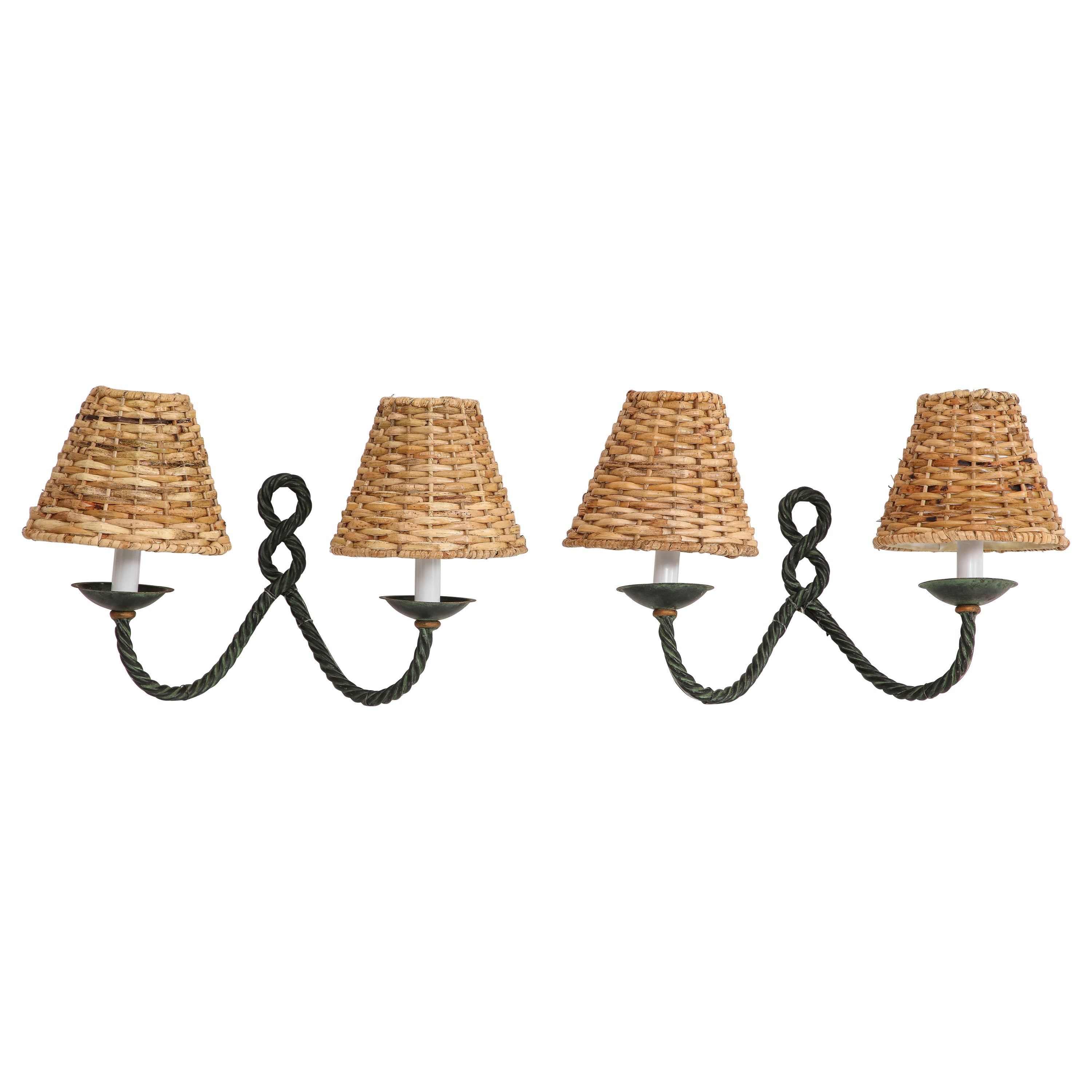 Pair of Midcentury French Bronze Rope Wall Two-Light Sconces with Wicker Shades For Sale