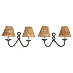 Pair of Midcentury French Bronze Rope Wall Two-Light Sconces with Wicker Shades